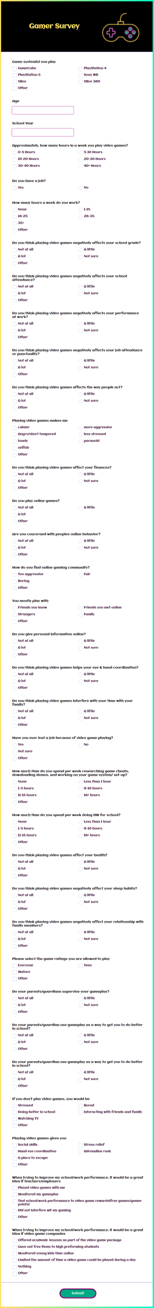 Gamer Survey Form Template