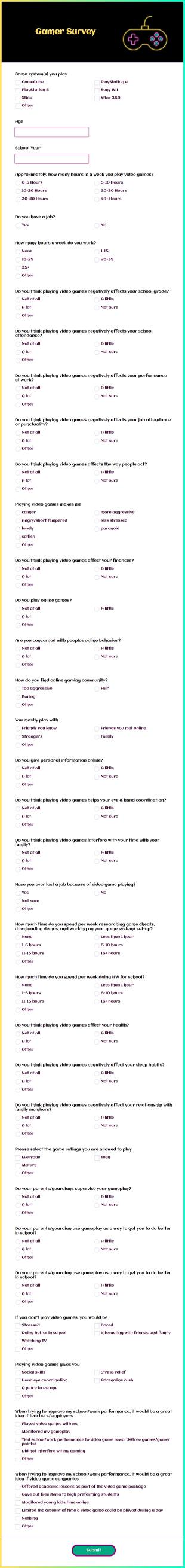 Gamer Survey Form Template