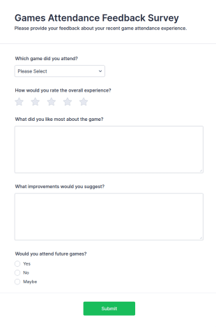 Games Attendance Feedback Survey Form Template