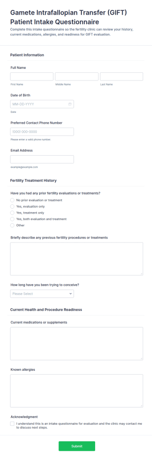 Gamete Intrafallopian Transfer (GIFT) Patient Intake Questionnaire Form Template