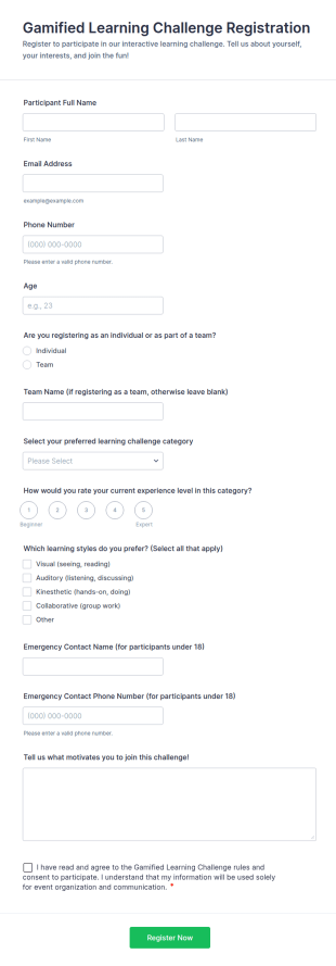 Gamified Learning Challenge Registration Form Template