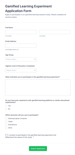 Gamified Learning Experiment Application Form Form Template