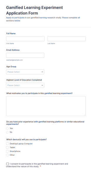 Gamified Learning Experiment Application Form Template