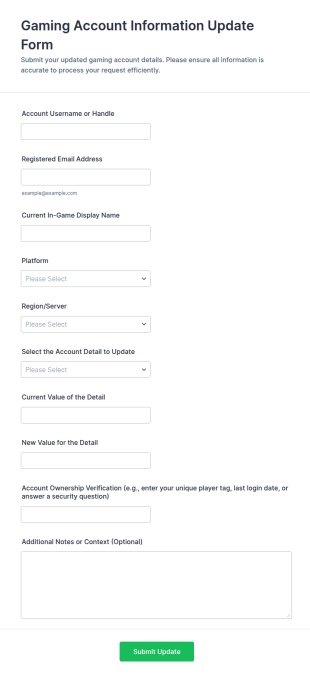 Gaming Account Information Update Form Template