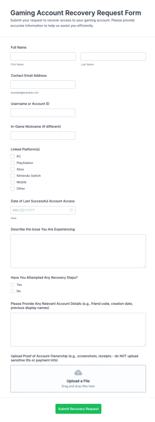 Gaming Account Recovery Request Form Template