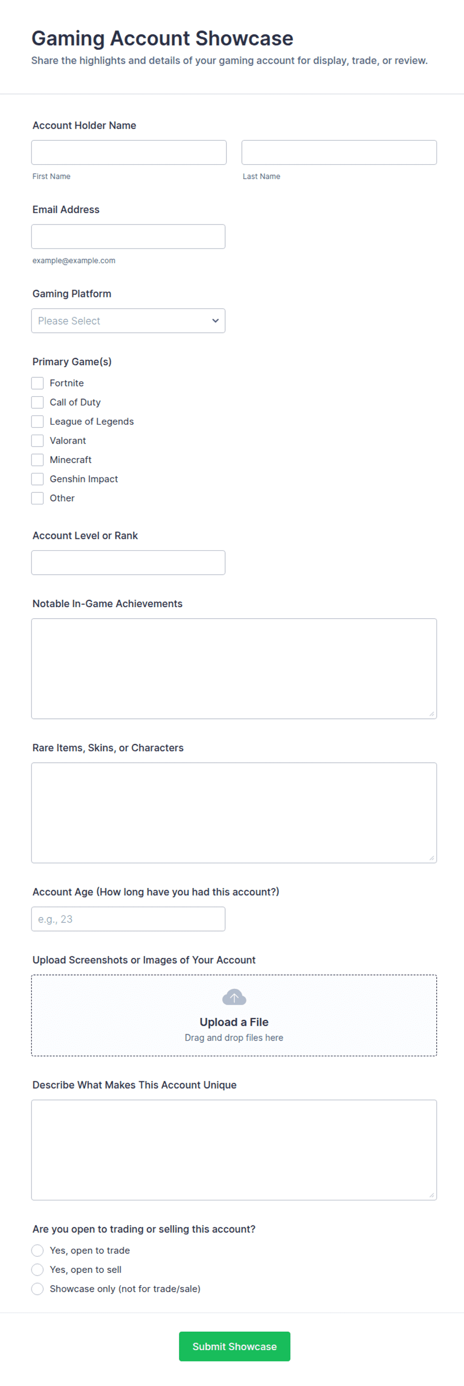 Video Games Acount Examples Gaming Account Showcase Form Template | Jotform