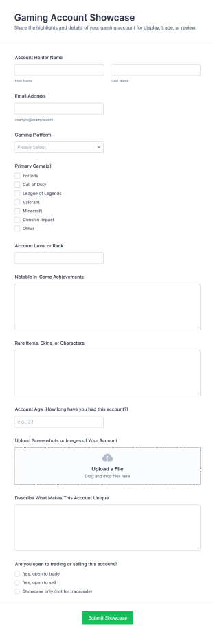 Gaming Account Showcase Form Template