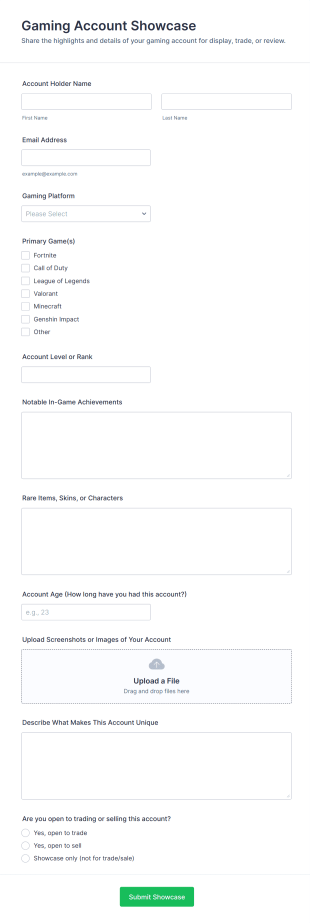 Gaming Account Showcase Form Template