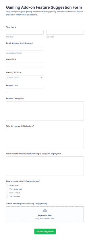 Gaming Add On Feature Suggestion Form Template