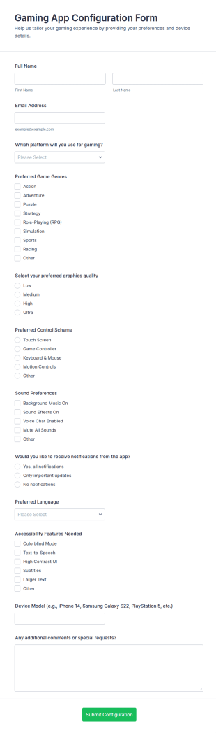 Gaming App Configuration Form Template