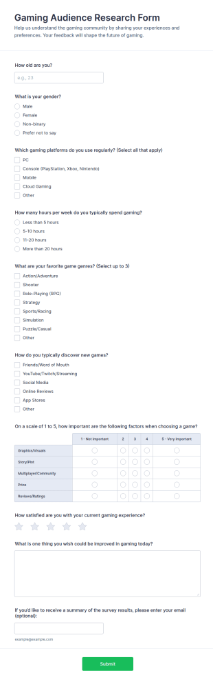 Gaming Audience Research Survey Form Template
