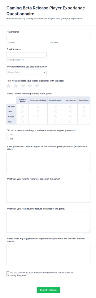 Gaming Beta Release Player Experience Questionnaire Form Template