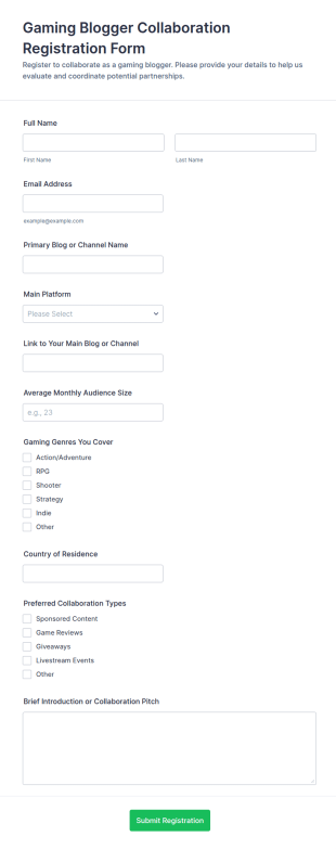 Gaming Blogger Collaboration Registration Form Template