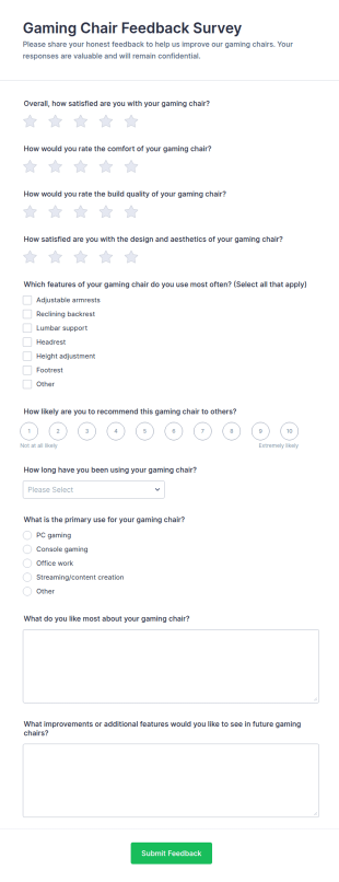 Gaming Chair Feedback Survey Form Template