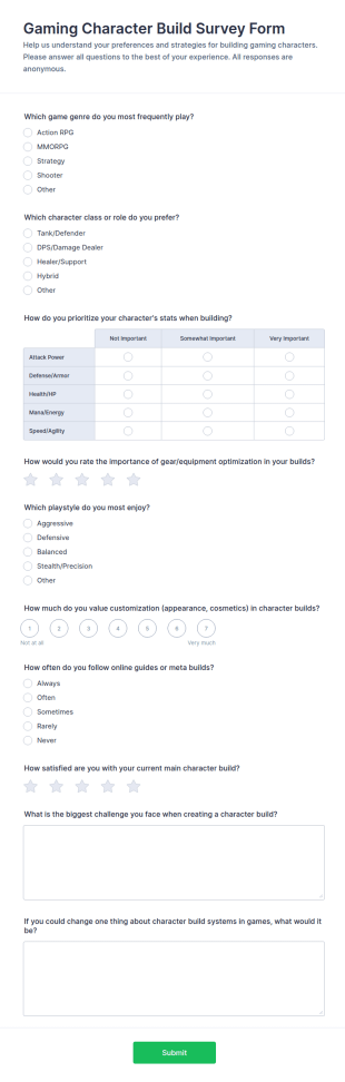Gaming Character Build Survey Form Template