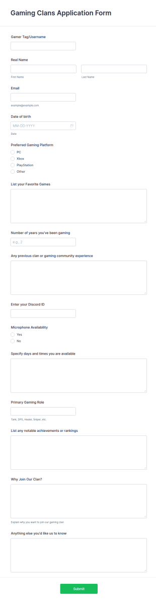 Gaming Clans Application Form Template