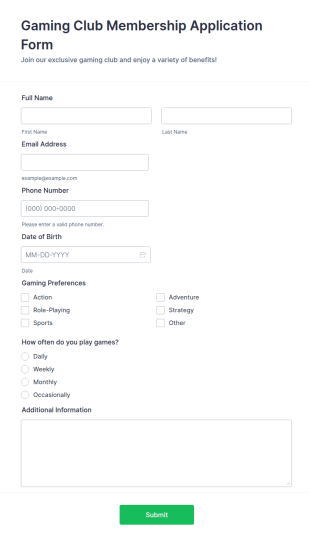 Gaming Club Membership Application Form Template