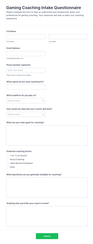 Gaming Coaching Intake Questionnaire Form Template