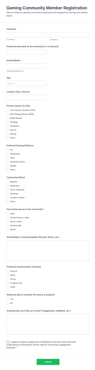 Gaming Community Member Registration Form Template