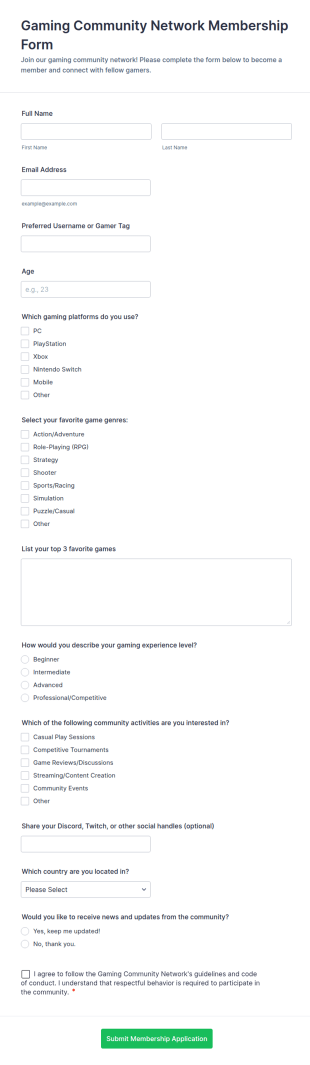 Gaming Community Network Membership Form Template