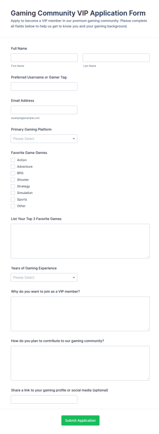 Gaming Community VIP Application Form Template