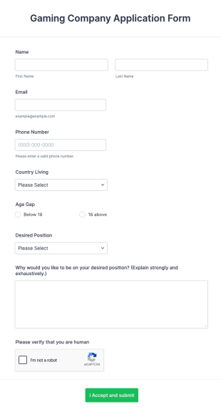 Gaming Company Application Form Template