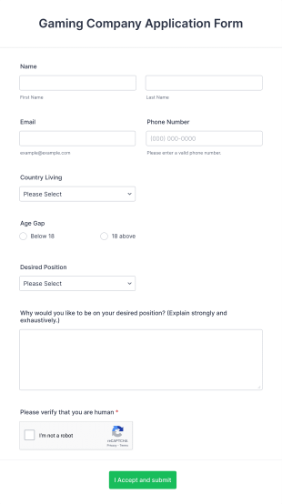 Gaming Company Application Form Template