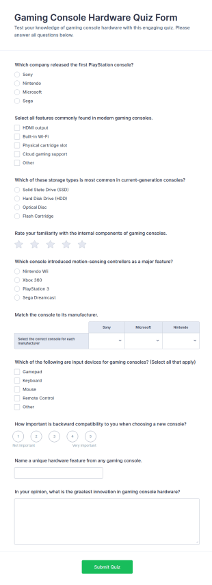 Gaming Console Hardware Quiz Form Template