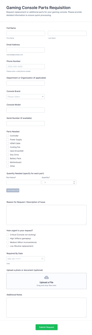 Gaming Console Parts Requisition Form Template