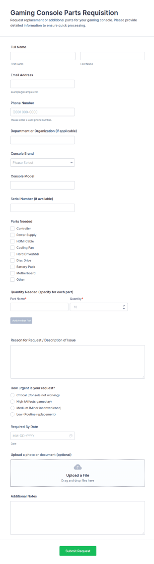 Gaming Console Parts Requisition Form Template