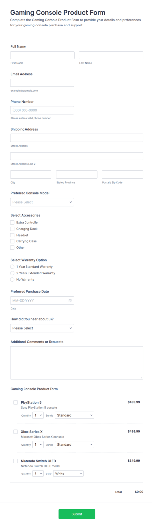 Gaming Console Product Form Template