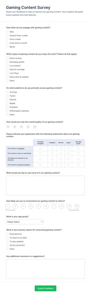 Gaming Content Survey Form Template