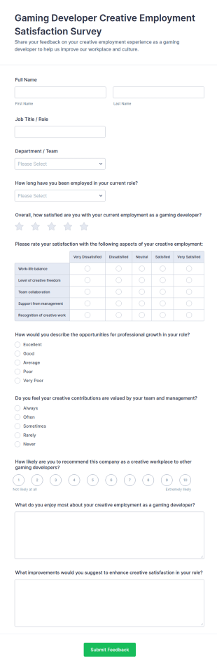 Gaming Developer Creative Employment Satisfaction Survey Form Template