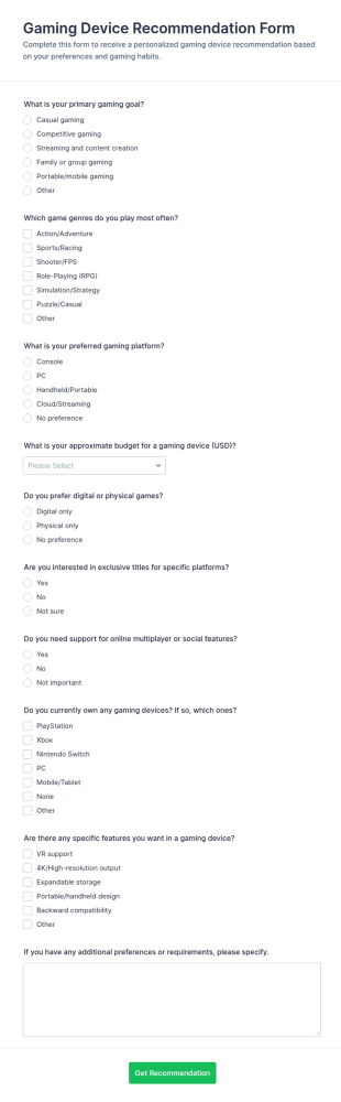 Gaming Device Recommendation Form Template