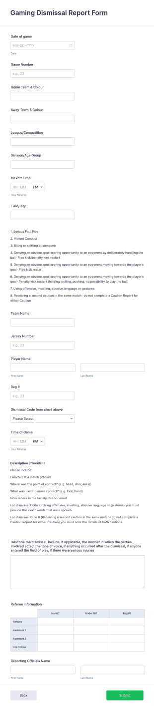 Gaming Dismissal Report Form Form Template