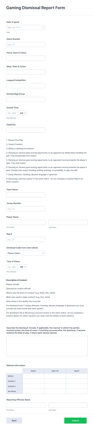 Gaming Dismissal Report Form Form Template