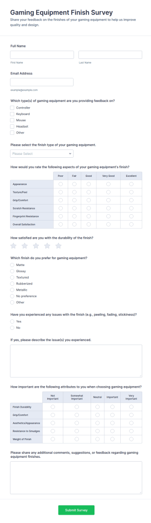 Gaming Equipment Finish Survey Form Template