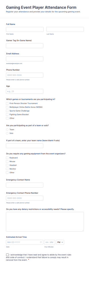 Gaming Event Player Attendance Form Template