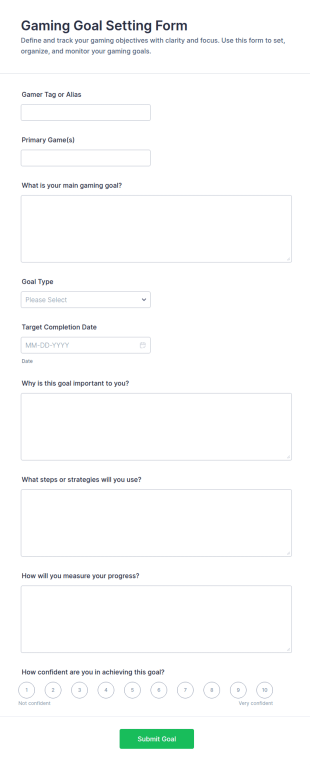 Gaming Goal Setting Form Template
