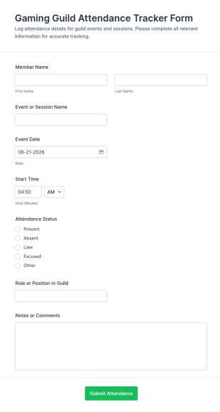 Gaming Guild Attendance Tracker Form Template