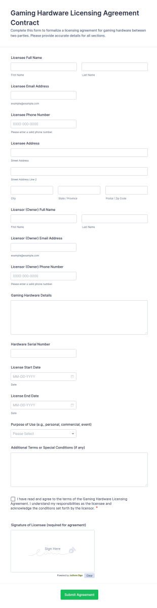 Gaming Hardware Licensing Agreement Form Template