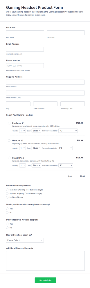 Gaming Headset Product Form Template