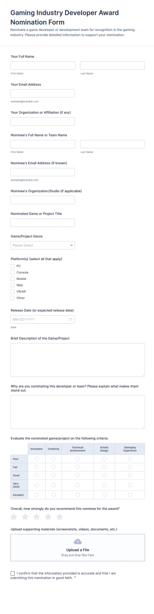 Gaming Industry Developer Award Nomination Form Template