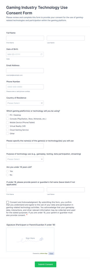Gaming Industry Technology Use Consent Form Template