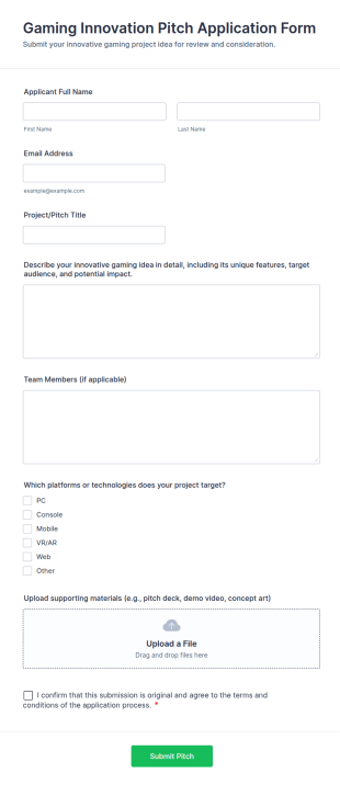 Gaming Innovation Pitch Application Form Template