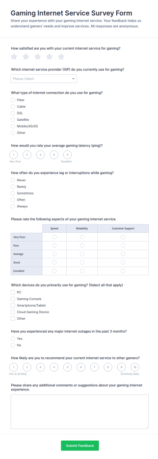 Gaming Internet Service Survey Form Template