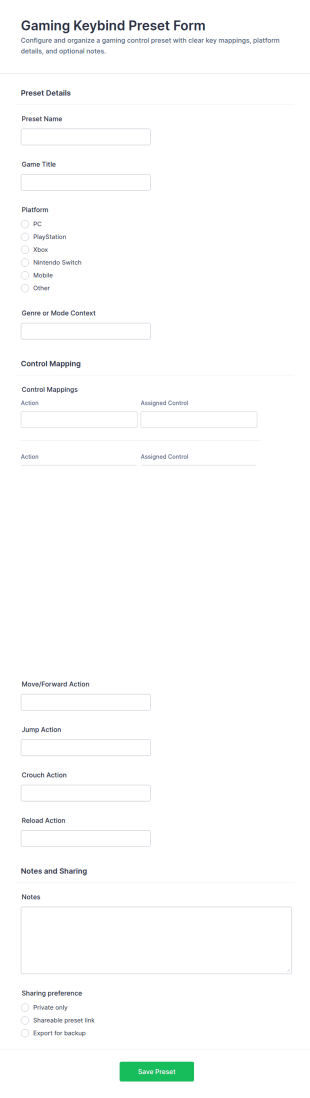 Gaming Keybind Preset Form Template