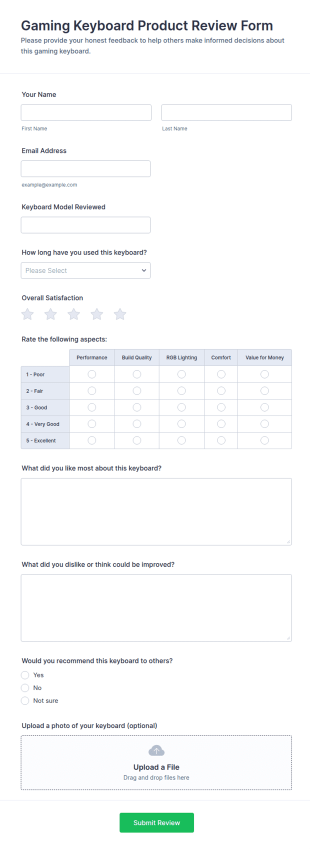 Gaming Keyboard Product Review Form Template