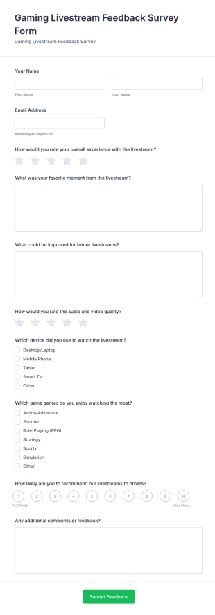 Gaming Livestream Feedback Survey Form Template