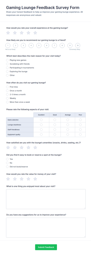 Gaming Lounge Feedback Survey Form Template